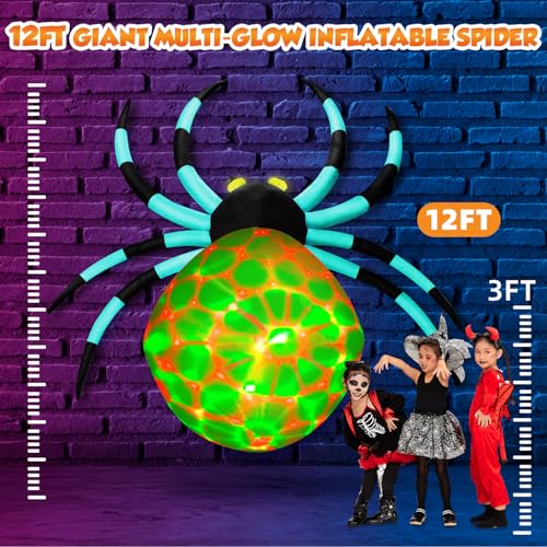 12Ft Giant Halloween Inflatable Spider Yard Decoration with Color-Shifting Eyes and Flashing Belly