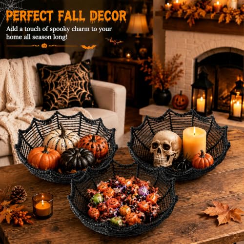 Halloween Candy Bowl Set – Woven Rattan Spider Web Dish for Treats & Decor