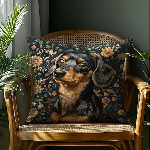 Dachshund Floral Decor Pillow Cover 18x18 - Rustic William Morris Inspired
