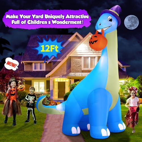 Giant Halloween Inflatable Dinosaur with LEDs, Pumpkin & Witch Hat - Outdoor Yard Decor