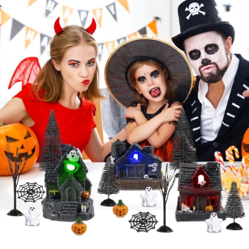 Halloween Village Set with Miniature Houses, Pumpkins & Spiders - 51PCS
