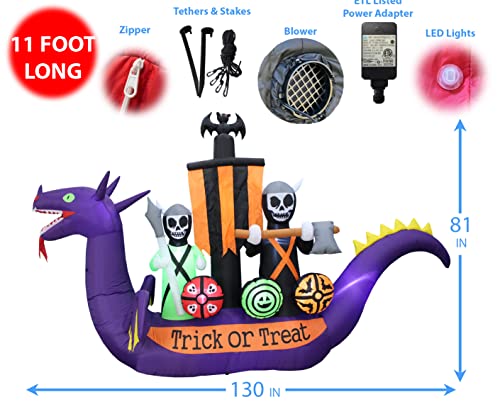 11 Ft Inflatable Halloween Pirate Ship with Dragon Skeletons & LED Lights