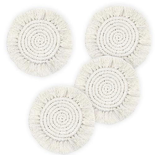 Beige Handmade Boho Coasters Set - 4pcs 7.4in Drink Protectors