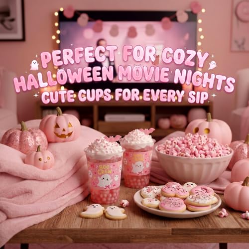Halloween Ghost Plastic Cups 12oz Pack of 50 - Pink Ghost Design
