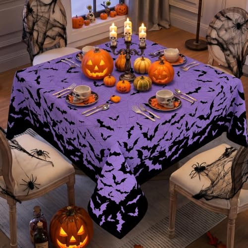 Halloween Bat and Spiderweb Square Tablecloth 70x70 Inch - Purple, Machine Washable