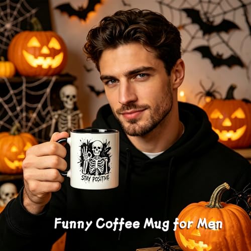 Stay Positive Skeleton Halloween Mug - Black 11oz Coffee Cup with Spooky Skeleton Design