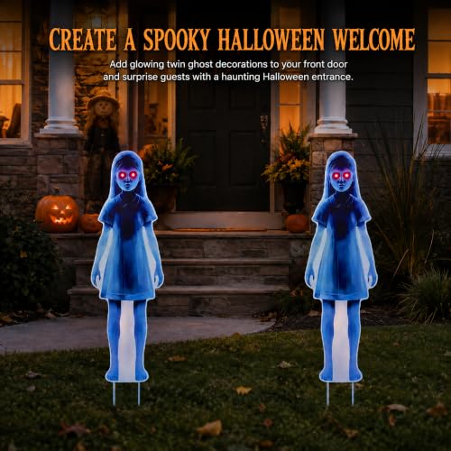 Lighted Ghost Yard Signs for Halloween Outdoor Decorations - 2 Pack, 31.5 Inch Creepy Lawn Stakes with Red LED Eyes