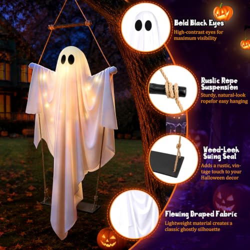 Outdoor Hanging Swinging Ghost Light Up Decoration - White and Black - 47in Halloween Ghost