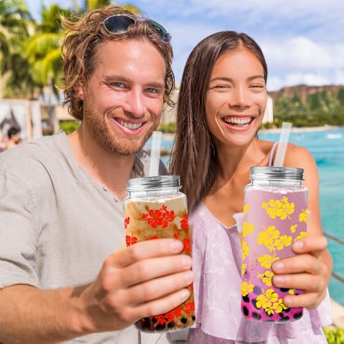 Hawaiian Hibiscus Party Cups with Lids and Straws – 30 Count, 13.5 oz Plastic Tumblers for Weddings and Celebrations