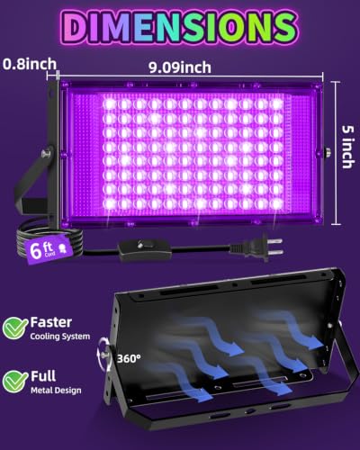 Black LED Black Lights with Switch & Plug 100W IP66 Waterproof 2 Pack - Variation of Black / 2