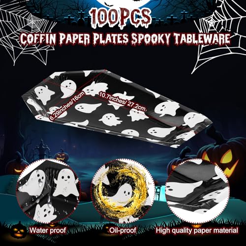Halloween Coffin Paper Plates Ghost Style Party Tableware - 100 Pack - Spooky Theme