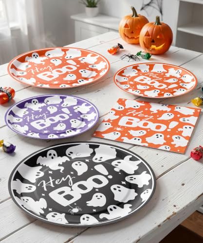 Halloween Heavy-Duty Paper Plates and Napkins Set - Black Orange Purple, Round, 9 Inch & 7 Inch, Spooky Gothic Party Supplies with Variation
