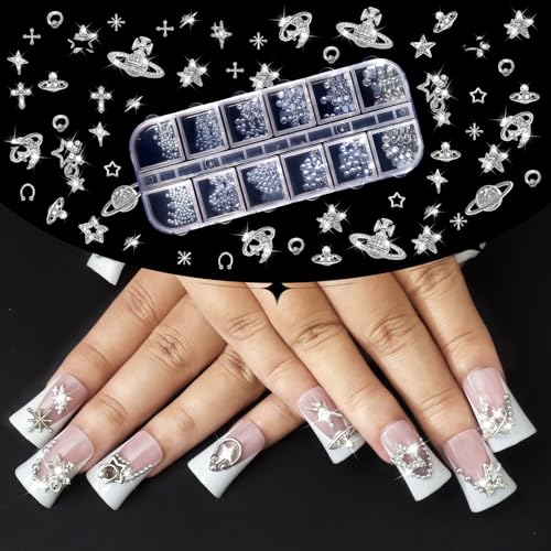 Silver Nail Charms Set - 3D Goth Metal Rhinestones & Accessories