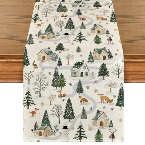 Snowfield Trees Hut Christmas Table Runner 13 x 120 Inch Beige Holiday Decor