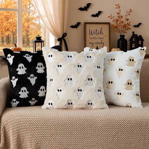 Halloween Pillow Covers 18x18 Inch Ghost Plush Set - White, Pack of 2