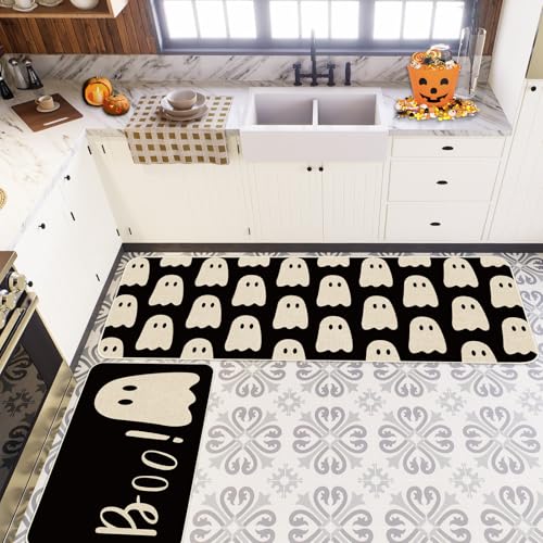Halloween Ghost Kitchen Rugs Set of 2 Non-Slip Floor Mats - Spooky Black Boo Decor