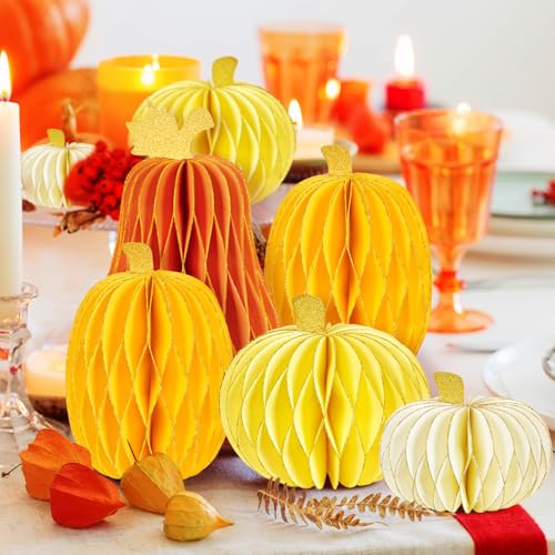 Yellow Pumpkin Honeycomb Centerpiece Set - Fall Autumn Halloween Thanksgiving Decor