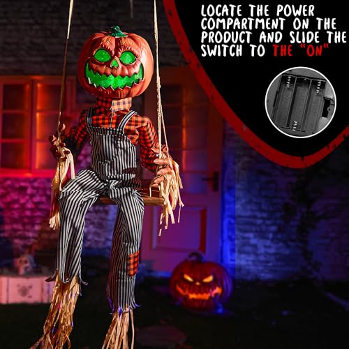 Halloween Animatronics Swinging Pumpkin with Motion Sensor Light Up Eyes - Creepy Sound & Scary Movement - Hanging Decor - Variation: Swinging Jack