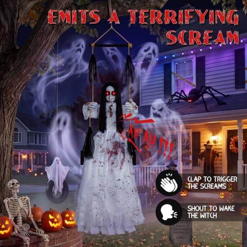 Outdoor Hanging Halloween Decorations with Sound and Fright Features - 4.4FT Swinging Girl