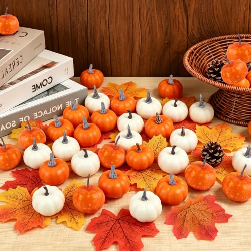 Mini Foam Pumpkins and Maple Leaves Fall Decor Set - White, Orange, Yellow, Speckled