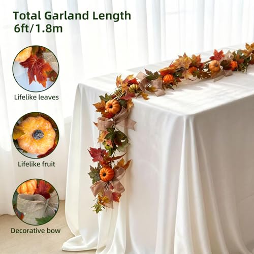 Fall Garland with Maple Leaves Pumpkins Burlap Bows Berries 6FT