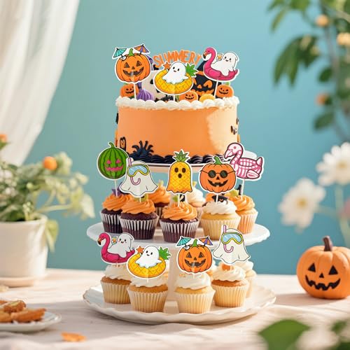 Spooky Summer Cake Toppers Set - 40 Assorted Halloween & Beach Decorations
