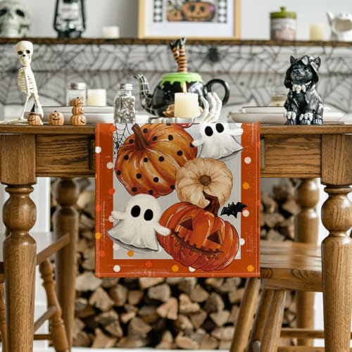 Halloween Table Runner 13x72 Inch Orange Beige Durable Polyester Home Decor