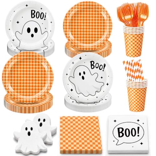 Halloween Party Supplies Set 156 Pieces Ghost & Orange Checkered Tableware