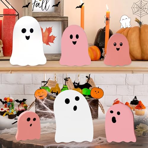 Pink Ghost Wooden Decorations Halloween Indoor Table Decor Set - Cute Ghosts