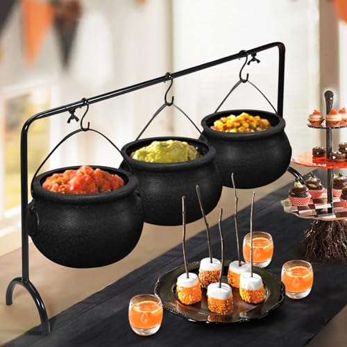 Halloween Cauldron Serving Bowls Set - 3 Black Witches Cauldrons with Rack