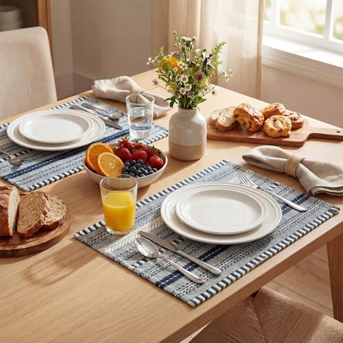 Dark Blue Woven Braided Stripe Placemats Set of 6 - 12x18 Inches