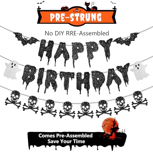 Pre-String Black Happy Birthday & Halloween Skull Banner Glitter Decorations