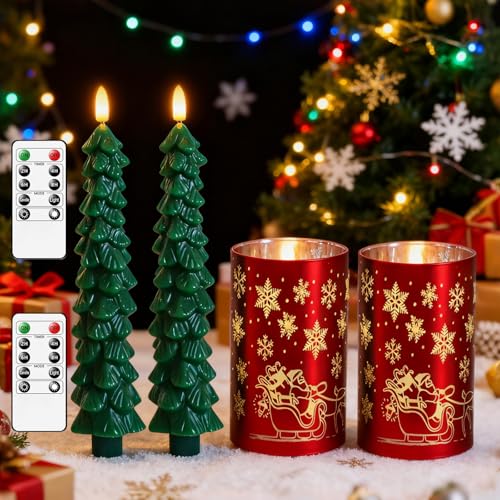 Flameless Christmas Candles Set with Remote - Red & Green LED Tree & Glass Decor
