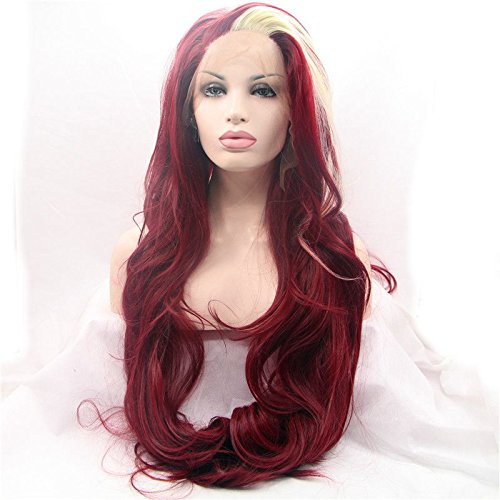 xiweiya Wigs Highlight Blonde Mixed 99J Wine Red Synthetic Lace Front Wig Long Body Wave 13 * 3 Hand Crochet Lace Wig with Heat Resistant Fiber Glueless Matte Wine Red Color Halloween Cosplay Wigs