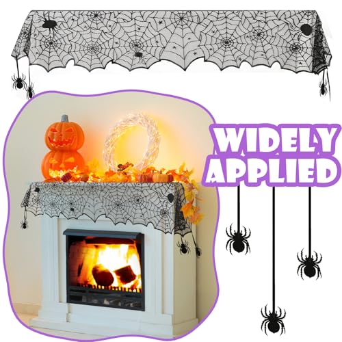 Halloween Table Runner Black Lace Spider Web Decor, 18 x 72 Inches - Spooky Party Tablecloth with Spiders - Windkream