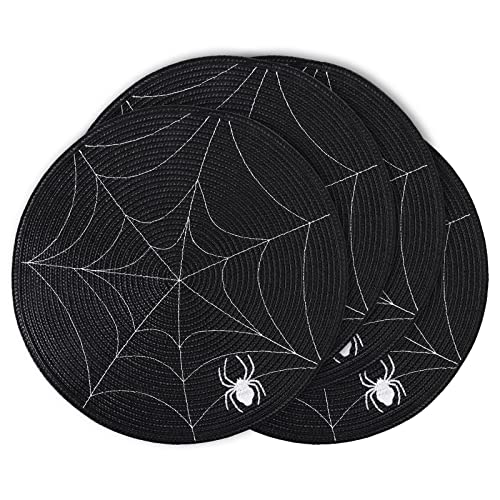 Feuille Halloween Placemats Set of 4 - Black & White Spider Web Round Table Decor