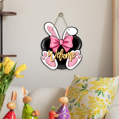 Pink Bunny Welcome Easter Front Door Sign - Bunny Rabbit Ears Wood Hanger