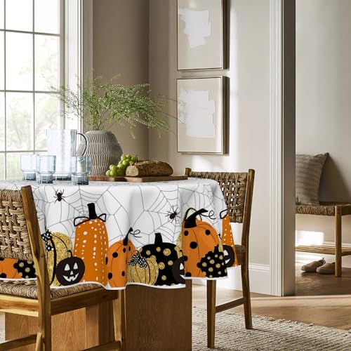 Halloween Tablecloth 90x90 Inch Round Jack-O-Lantern Cobweb White - Durable Polyester