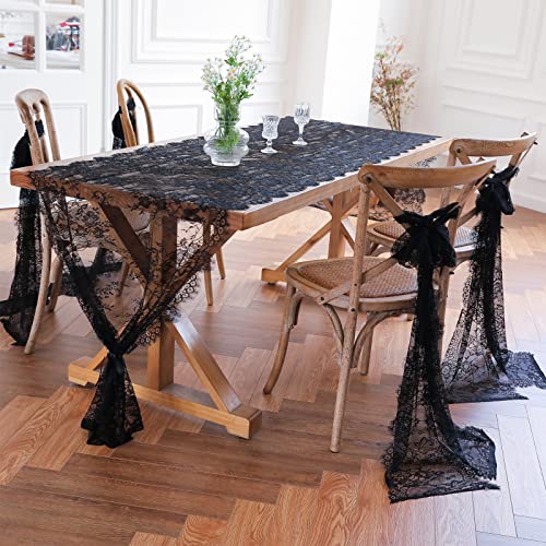 Black Lace Table Runner 30 x 120 Inch Floral Embroidered Fabric - Variation 5