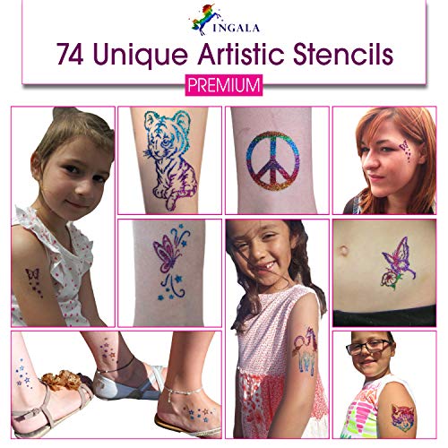 Pink Glitter Temporary Tattoo Kit for Girls with 74 Stencils, 16 Colors & Body Glue
