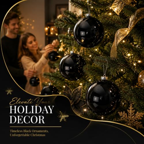 Large Black Christmas Ornaments Balls - 6 Inches Holiday Tree Decor - Set of 6