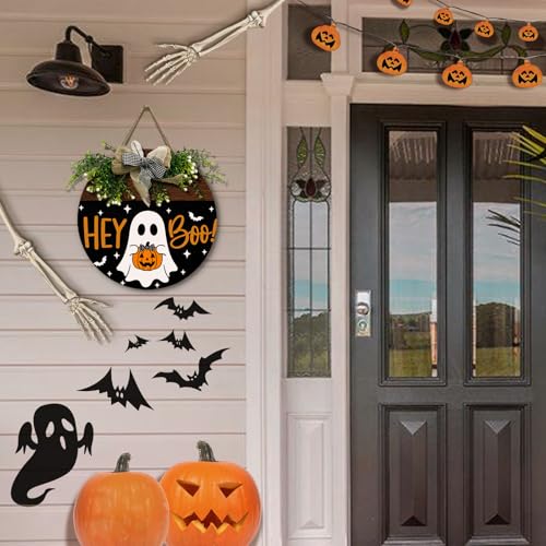 Halloween Door Sign Outdoor Decor Ghost Pumpkin Wreath - Hey Boo Variation