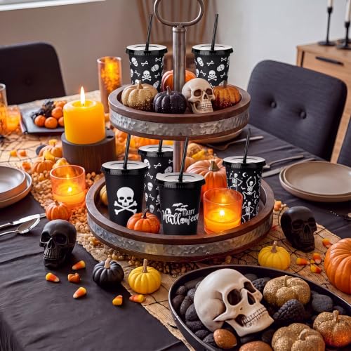 Halloween Skull Plastic Cups Set with Lids & Straws - 24 oz Party Drinkware