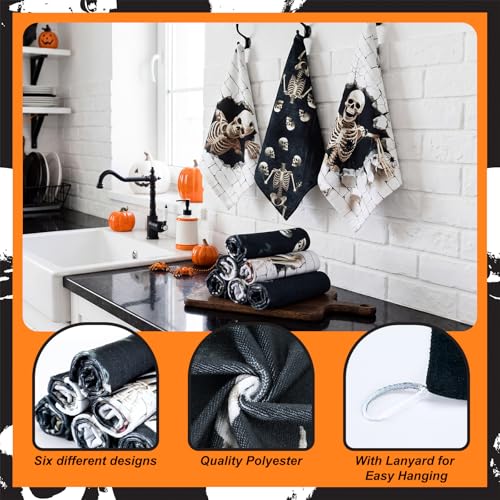 Skeleton Halloween Skull Kitchen Towels - Gothic Dish Hand Towels - 6 Pack