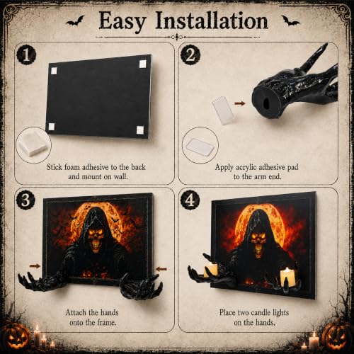 Halloween Wall Decor 3D Grim Reaper Skeleton Hands with LED Candles, Haunted House Gothic Art