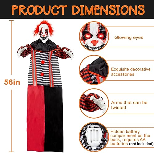 56-Inch Animated Talking Clown Decoration with Glowing Eyes for Halloween Indoor Outdoor Haunted House Prop