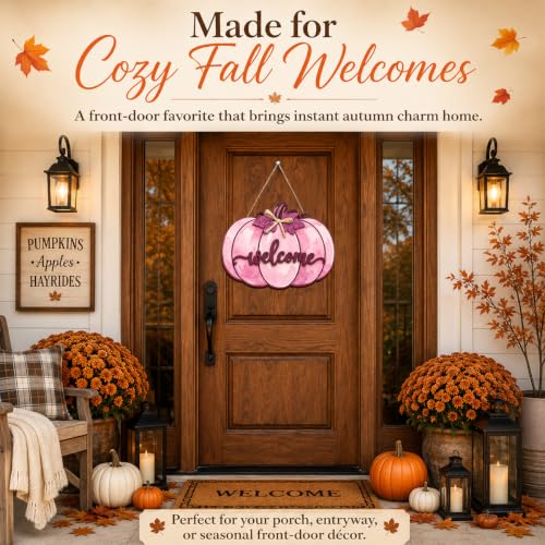 Pink Fall Pumpkin Door Hanger Wooden Welcome Sign for Home Decor - DIENGDAED