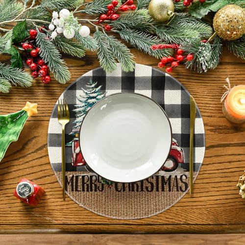 14-Inch Round Placemat Set of 4 - Black Buffalo Plaid Xmas Trees Holiday Table Decor
