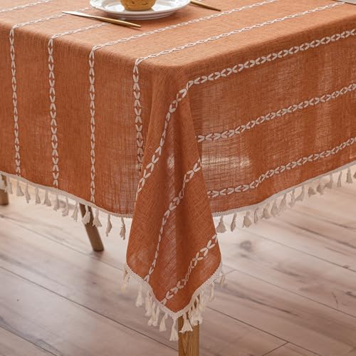 120x55 Inch Burnt Orange Linen Tablecloth with Tassel Edges for Dining & Holiday