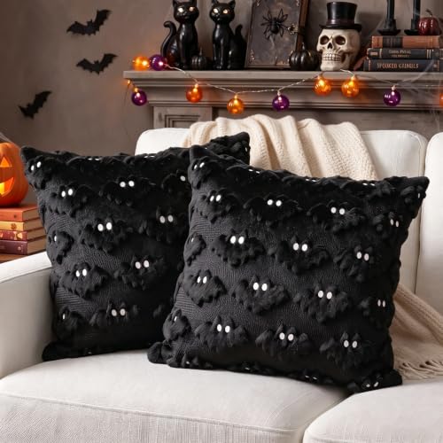 Halloween Pillow Covers 18x18 Inch Set of 2 Black Bat Embroidery - Variation Black1 / 18" x 18"
